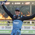 Credit: FORT WORTH, TEXAS - APRIL 01: Carson Hocevar, driver of the #42 Worldwide Express Chevrolet, celebrates in victory lane after winning the NASCAR Craftsman Truck Series SpeedyCash.com 250 at Texas Motor Speedway on April 01, 2023 in Fort Worth, Texas. (Photo by Chris Graythen/Getty Images)