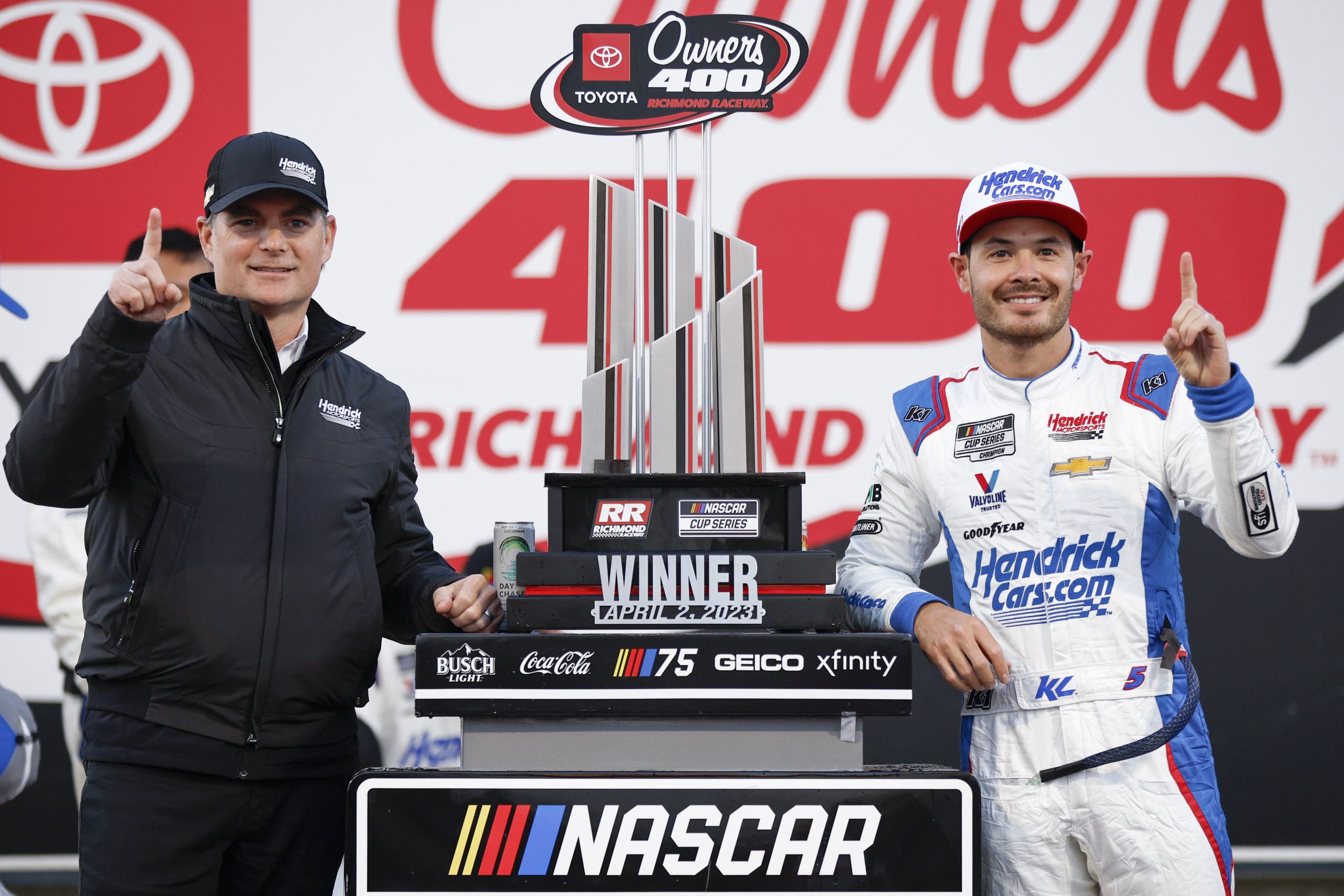 Credit: RICHMOND, VIRGINIA - APRIL 02: Kyle Larson, driver of the #5 HendrickCars.com Chevrolet, and Jeff Gordon, Vice Chairman of Hendrick Motorsports celebrate in victory lane after winning the NASCAR Cup Series Toyota Owners 400 at Richmond Raceway on April 02, 2023 in Richmond, Virginia. (Photo by Jared C. Tilton/Getty Images)
