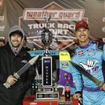 Credit: BRISTOL, TENNESSEE - APRIL 08: Joey Logano, driver of the #66 Hang 10 Car Wash Ford, and his spotter, NASCAR Cup Series driver Ryan Blaney, celebrate in victory lane after winning the NASCAR Craftsman Truck Series Weather Guard Truck Race on Dirt at Bristol Motor Speedway on April 08, 2023 in Bristol, Tennessee. (Photo by Jared C. Tilton/Getty Images)