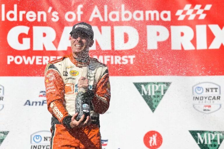 Scott McLaughlin celebrates after winning the 2023 Children's of Alabama Indy Grand Prix at Barber Motorsports Park in Birmingham, Alabama. (Chris Owens/Penske Entertainment)
