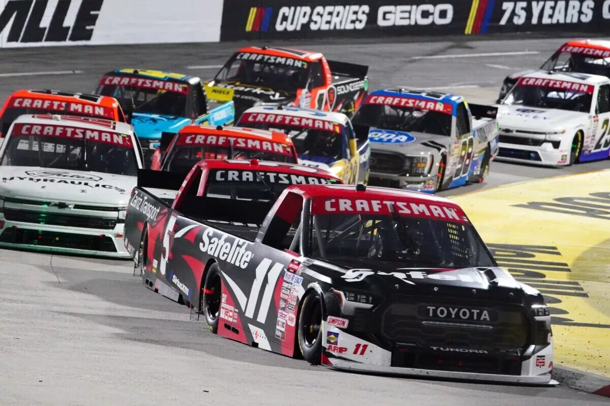 Apr 14, 2023; Martinsville, Virginia, USA; NASCAR Truck Series driver Corey Heim (11) race during the Truck Series Long John Silver's 200 at Martinsville Speedway. Mandatory Credit: John David Mercer-USA TODAY Sports