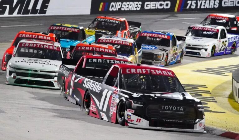 Apr 14, 2023; Martinsville, Virginia, USA; NASCAR Truck Series driver Corey Heim (11) race during the Truck Series Long John Silver's 200 at Martinsville Speedway. Mandatory Credit: John David Mercer-USA TODAY Sports
