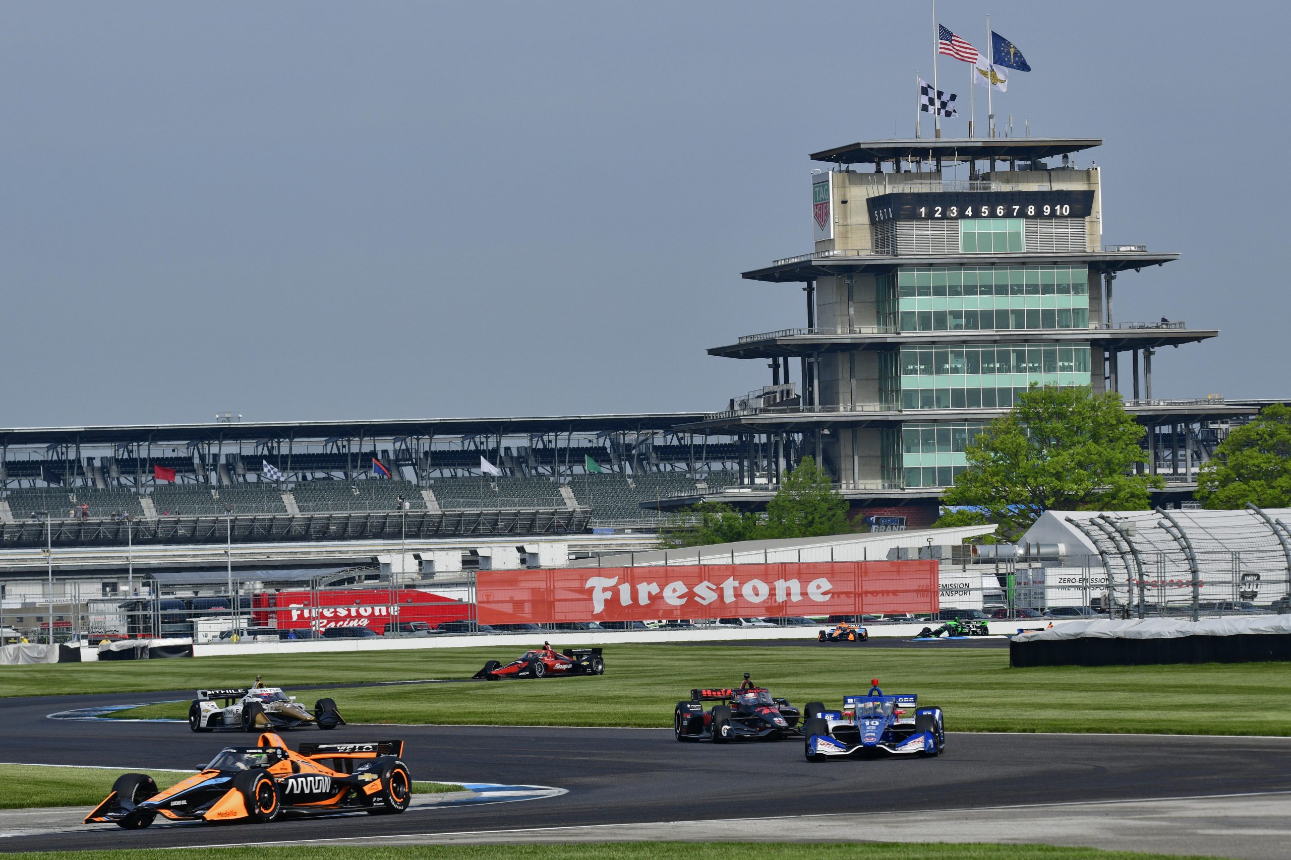 The IndyCar field during Practice 2 for the GMR Grand Prix at Indianapolis Motor Speedway. (Walt Kuhn/Penske Entertainment)
