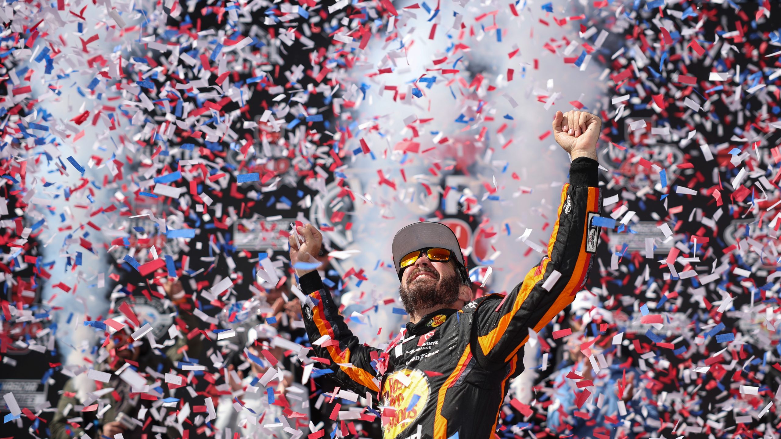 Credit: DOVER, DELAWARE - MAY 01: Martin Truex Jr., driver of the #19 Bass Pro Shops Toyota, celebrates in victory lane after winning the NASCAR Cup Series Würth 400 at Dover International Speedway on May 01, 2023 in Dover, Delaware. (Photo by James Gilbert/Getty Images)
