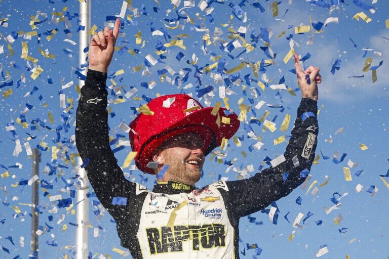 DARLINGTON, SOUTH CAROLINA - MAY 14: William Byron, driver of the #24 Axalta Throwback Chevrolet, celebrates in victory lane after winning the NASCAR Cup Series Goodyear 400 at Darlington Raceway on May 14, 2023 in Darlington, South Carolina. (Photo by Jared C. Tilton/Getty Images)