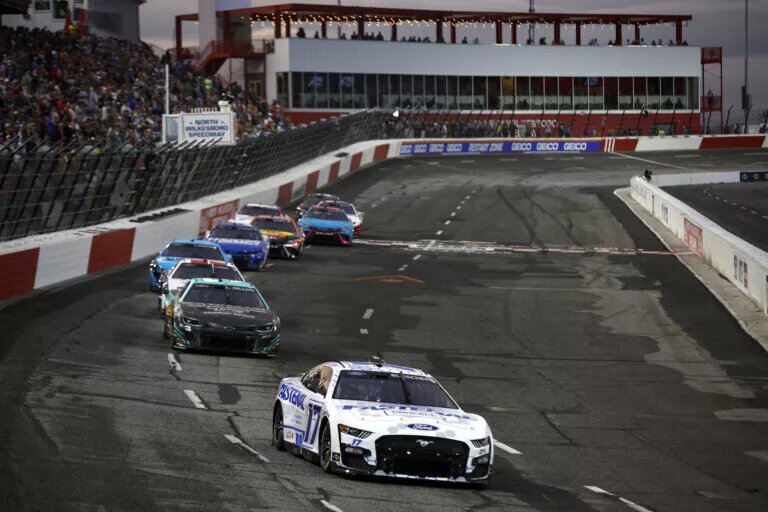 NORTH WILKESBORO, NORTH CAROLINA - MAY 20: Chris Buescher, driver of the #17 Fastenal Ford, leads the field during qualifying heat #2 for the NASCAR Cup Series All-Star Race at North Wilkesboro Speedway on May 20, 2023 in North Wilkesboro, North Carolina. (Photo by Sean Gardner/Getty Images)