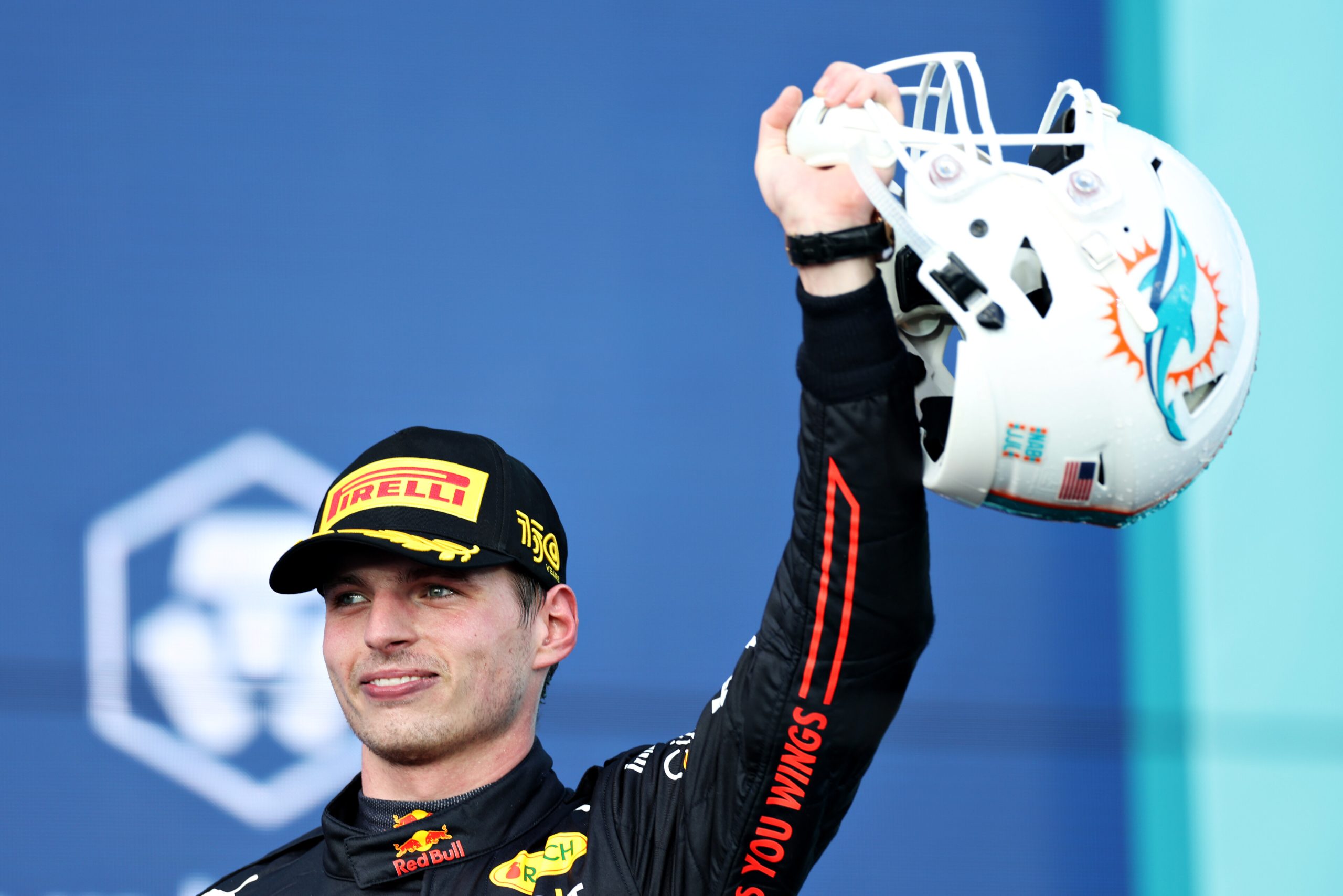 MIAMI, FLORIDA - MAY 08: Race winner Max Verstappen of the Netherlands and Oracle Red Bull Racing celebrates on the podium during the F1 Grand Prix of Miami at the Miami International Autodrome on May 08, 2022 in Miami, Florida. (Photo by Peter Fox/Getty Images) // Getty Images / Red Bull Content Pool // SI202205083103 // Usage for editorial use only //