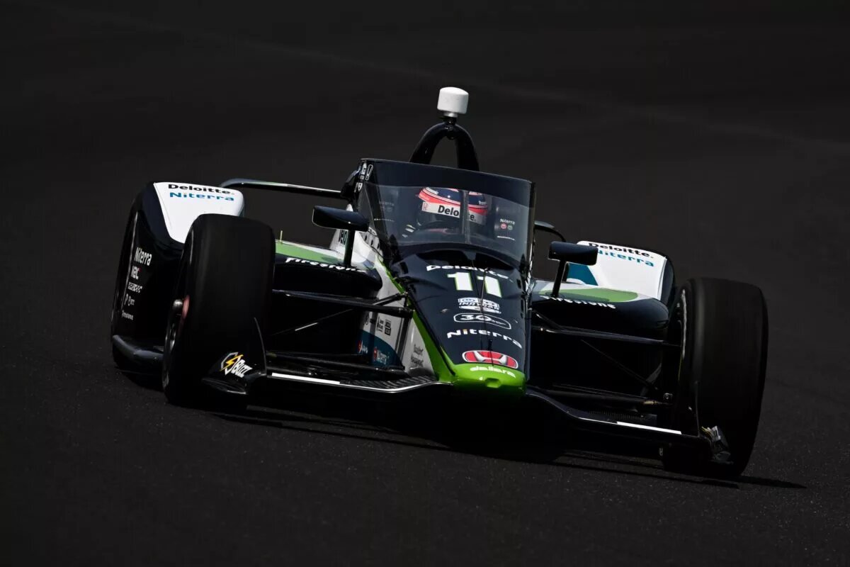 Takuma Sato during the first day of practice for the 107th Running of the Indianapolis 500 at Indianapolis Motor Speedway. (James Black/Penske Entertainment)