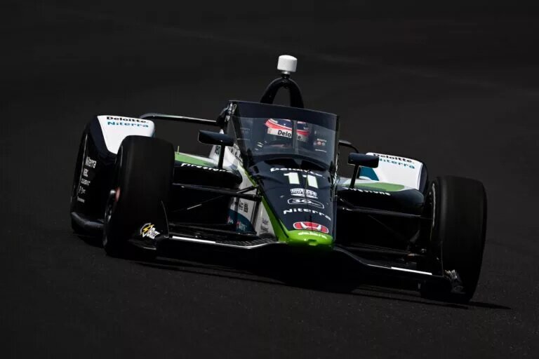 Takuma Sato during the first day of practice for the 107th Running of the Indianapolis 500 at Indianapolis Motor Speedway. (James Black/Penske Entertainment)