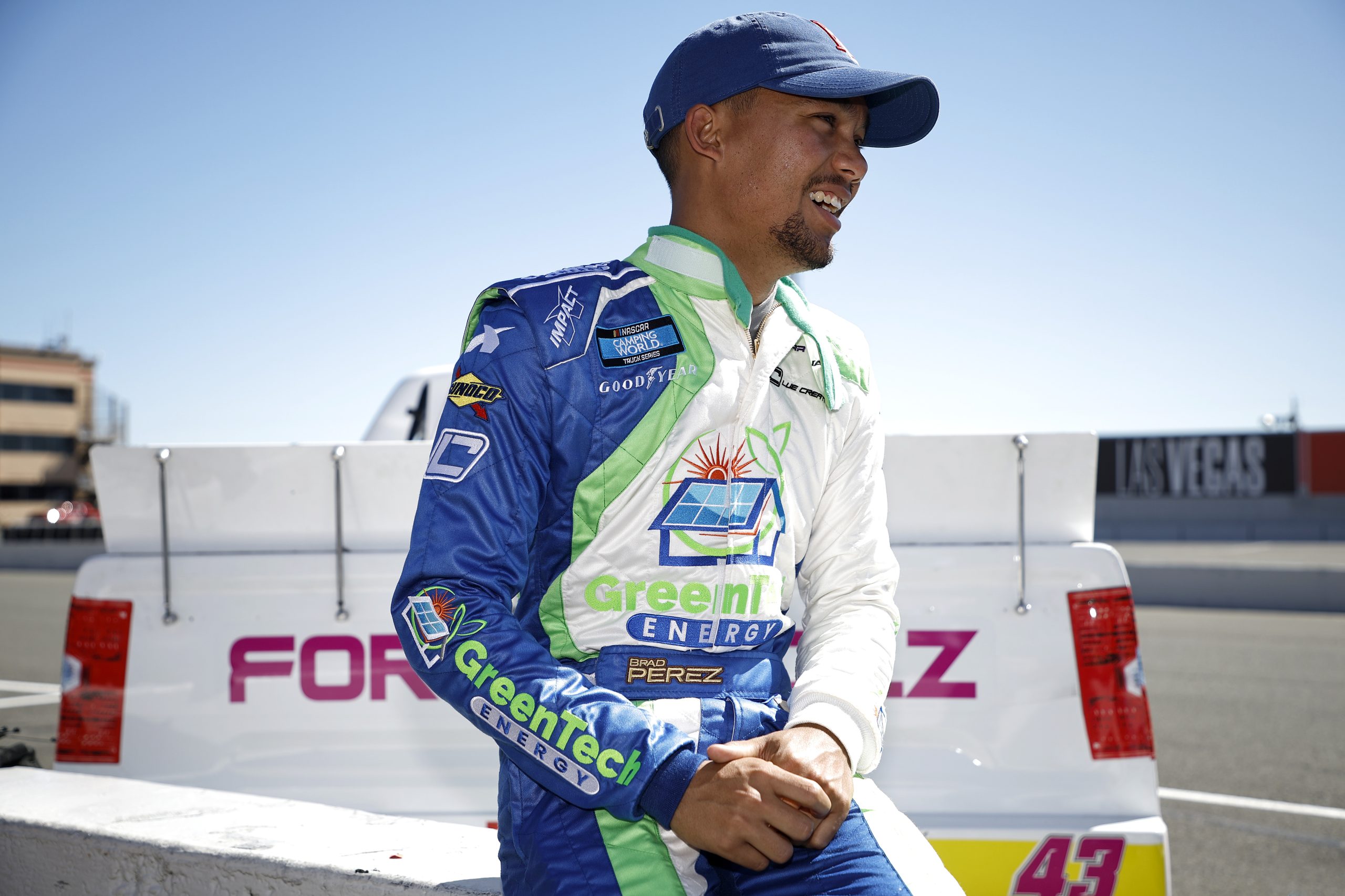 SONOMA, CALIFORNIA - JUNE 11: Brad Perez, driver of the #43 I Set My Friends on Fire Toyota, waits on the grid during qualifying for the NASCAR Camping World Truck Series DoorDash 250 at Sonoma Raceway on June 11, 2022 in Sonoma, California. (Photo by Chris Graythen/Getty Images)