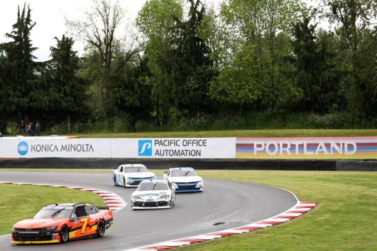 PORTLAND, OREGON - JUNE 03: Justin Allgaier, driver of the #7 BRANDT Chevrolet, drives during practice for the NASCAR Xfinity Series Pacific Office Automation 147 at Portland International Raceway on June 03, 2022 in Portland, Oregon. (Photo by Meg Oliphant/Getty Images)