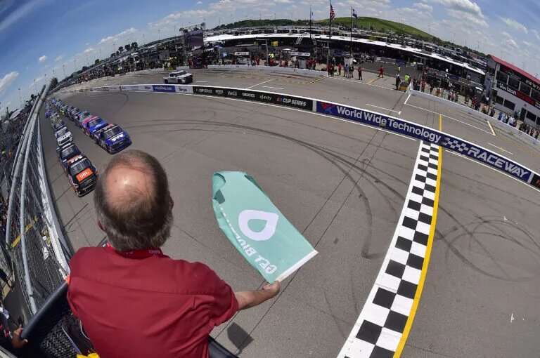 MADISON, ILLINOIS - JUNE 04: Corey Heim, driver of the #51 JBL Toyota, leads the field to the green flag to stat the NASCAR Camping World Truck Series Toyota 200 at WWT Raceway on June 04, 2022 in Madison, Illinois. (Photo by Jeff Curry/Getty Images)