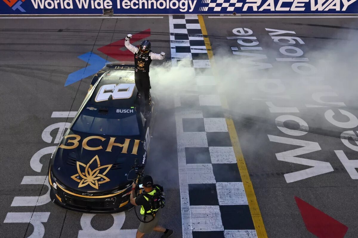MADISON, ILLINOIS - JUNE 04: Kyle Busch, driver of the #8 3CHI Chevrolet, celebrates after winning the NASCAR Cup Series Enjoy Illinois 300 at WWT Raceway on June 04, 2023 in Madison, Illinois. (Photo by Jeff Curry/Getty Images)