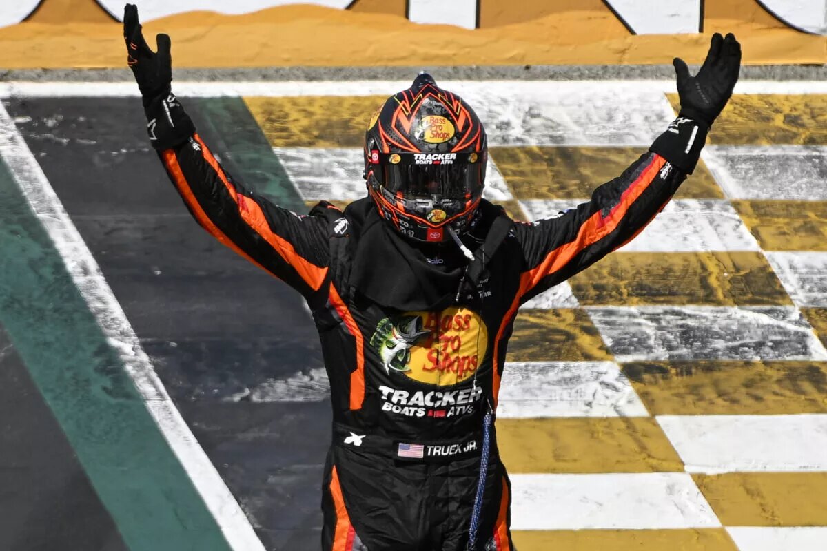 SONOMA, CALIFORNIA - JUNE 11: Martin Truex Jr., driver of the #19 Bass Pro Shops Toyota, celebrates after winning the NASCAR Cup Series Toyota / Save Mart 350 at Sonoma Raceway on June 11, 2023 in Sonoma, California. (Photo by Logan Riely/Getty Images)
