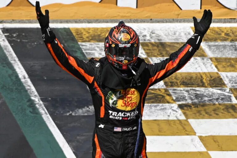 SONOMA, CALIFORNIA - JUNE 11: Martin Truex Jr., driver of the #19 Bass Pro Shops Toyota, celebrates after winning the NASCAR Cup Series Toyota / Save Mart 350 at Sonoma Raceway on June 11, 2023 in Sonoma, California. (Photo by Logan Riely/Getty Images)