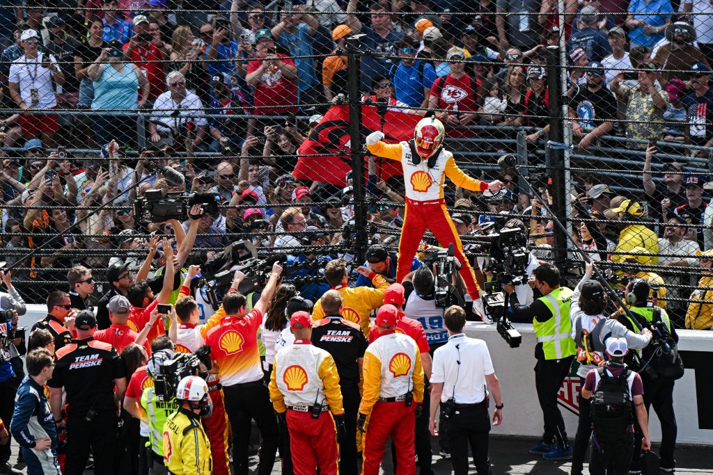 Josef Newgarden celebrates his victory at the Indianapolis 500. (James Black/Penske Entertainment)
