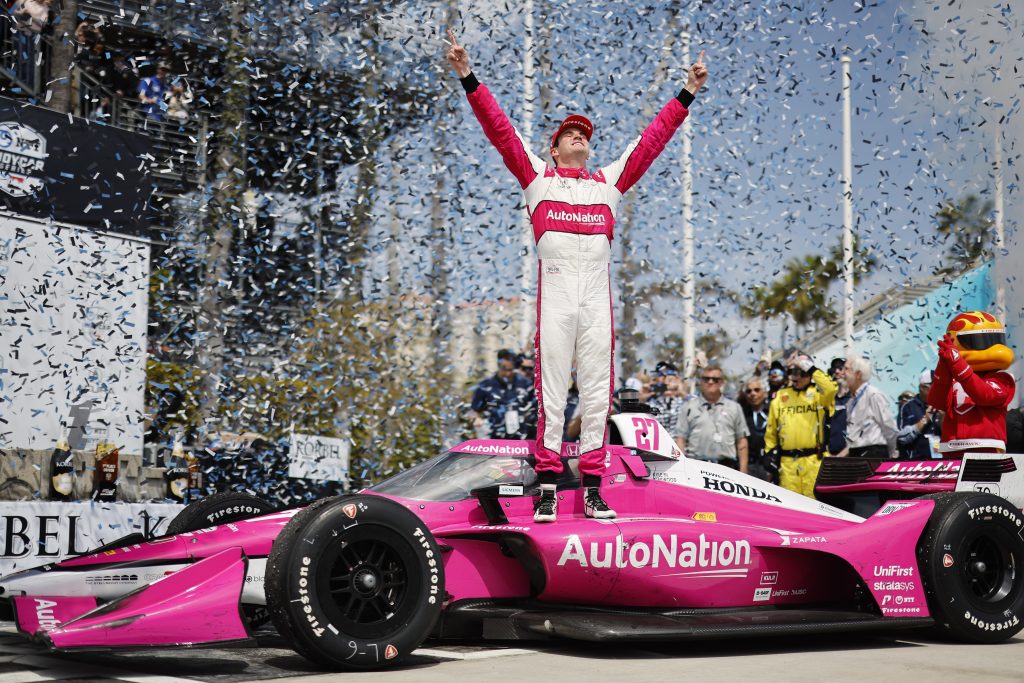 Kyle Kirkwood celebrates his victory at the 2023 Acura Grand Prix of Long Beach. (Joe Skibinski/Penske Entertainment)