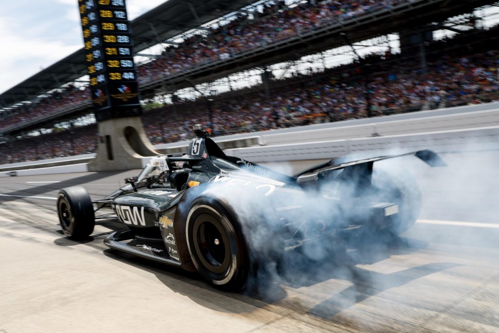 Pato O'Ward takes off after a pit stop during the 107th Running of the Indianapolis 500. (Joe Skibinski/Penske Entertainment)