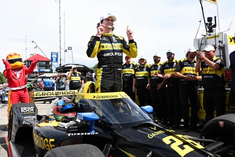 Colton Herta celebrates winning pole position for the Honda Indy 200. (James Black/Penske Entertainment)