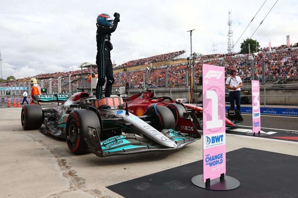 Lewis Hamilton celebrating his first Pole Position of the 2023 season.