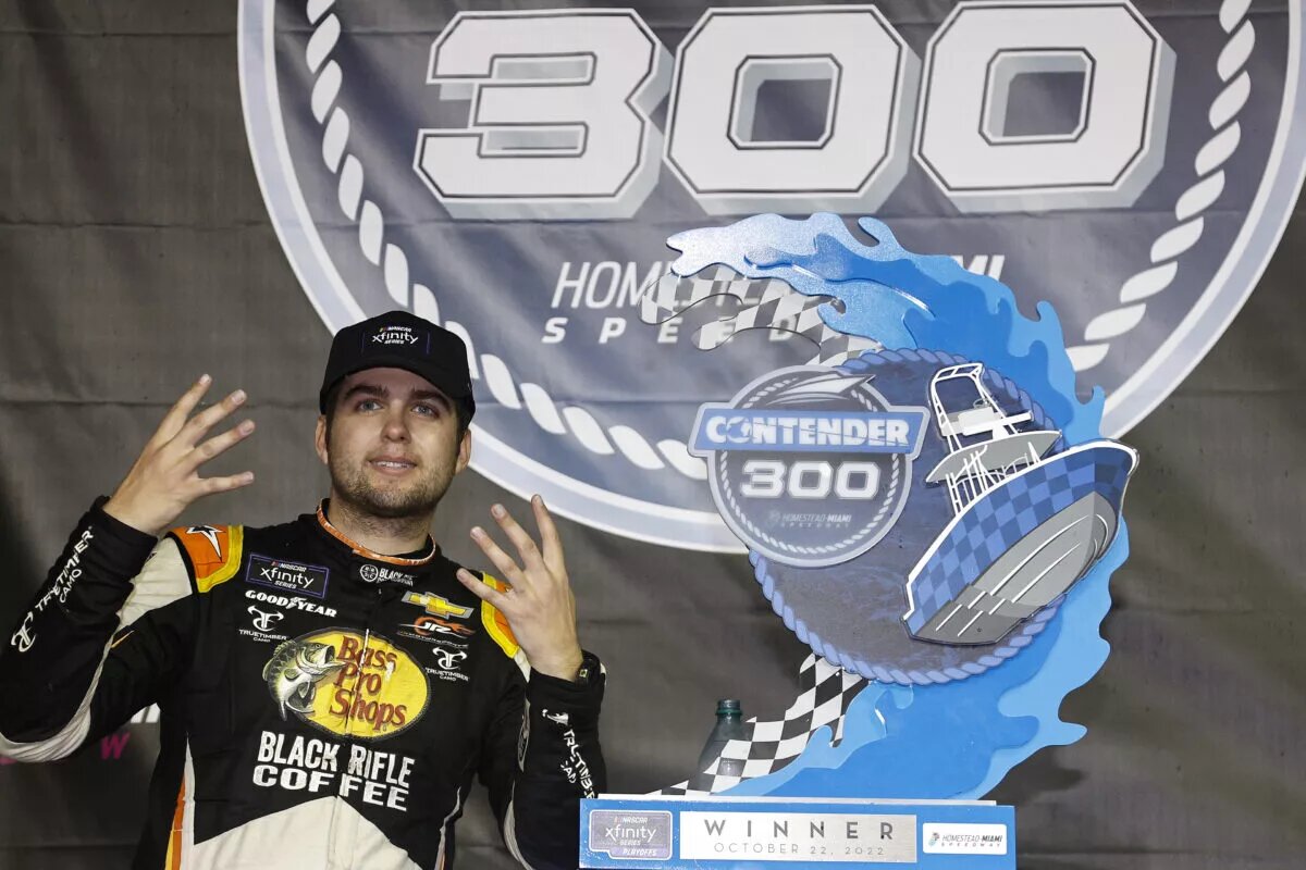 Noah Gragson, driver of the #9 Bass Pro Shops/TrueTimber/BRCC Chevrolet, vl the NASCAR Xfinity Series Contender Boats 300 at Homestead-Miami Speedway on October 22, 2022 in Homestead, Florida. (Photo by Sean Gardner/Getty Images)