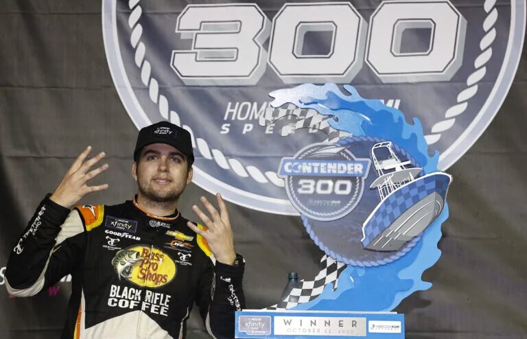 Noah Gragson, driver of the #9 Bass Pro Shops/TrueTimber/BRCC Chevrolet, vl the NASCAR Xfinity Series Contender Boats 300 at Homestead-Miami Speedway on October 22, 2022 in Homestead, Florida. (Photo by Sean Gardner/Getty Images)