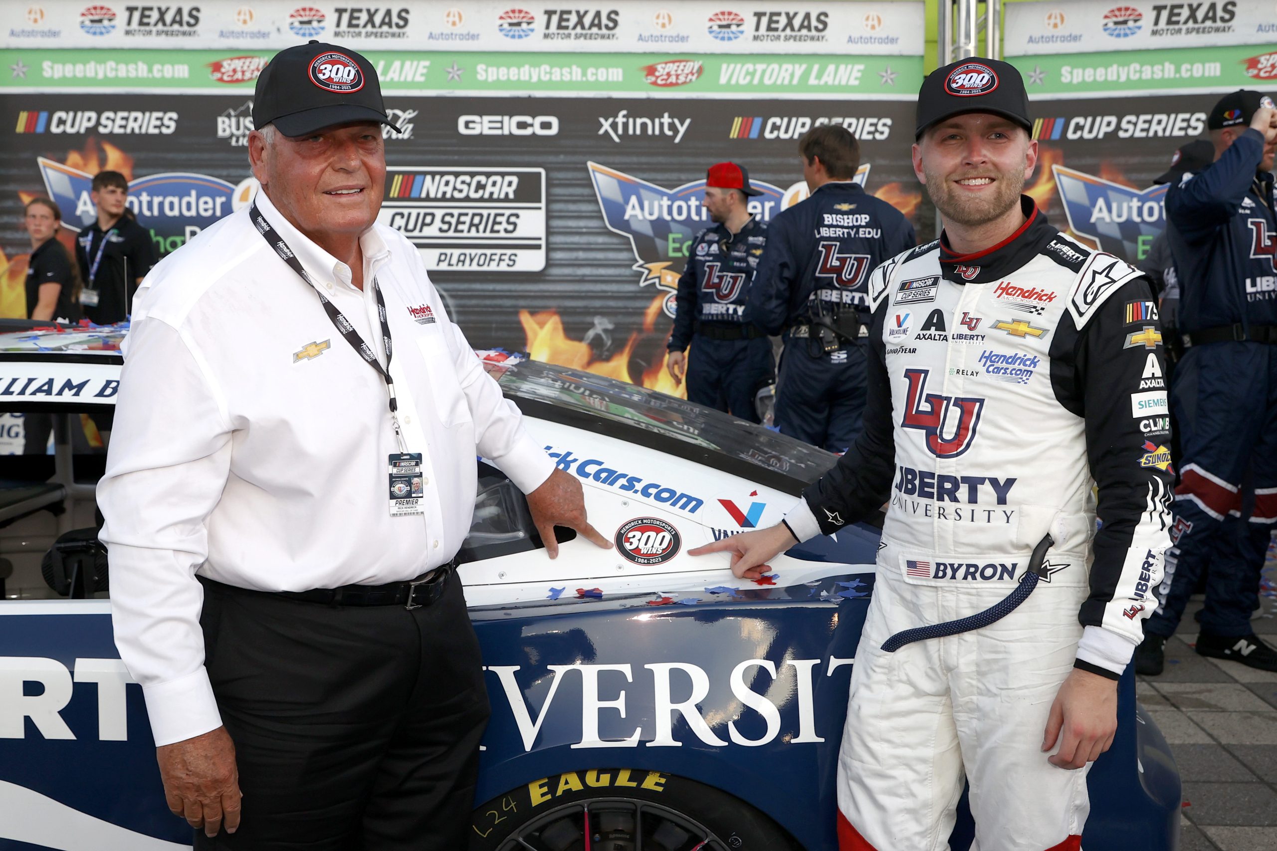 NASCAR Hall of Famer Rick Hendrick team owner of Hendrick Motorsport (L) and William Byron, driver of the #24 Liberty University Chevrolet, celebrate Hendrick Motorsports' 300th NASCAR Cup Series win after winning the NASCAR Cup Series Autotrader EchoPark Automotive 400 at Texas Motor Speedway on September 24, 2023 in Fort Worth, Texas.