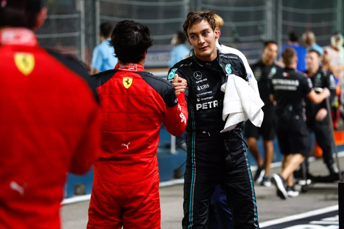 George Russell, Mercedes, and Carlos Sainz, Ferrari, at the Singapore Grand Prix, 2023