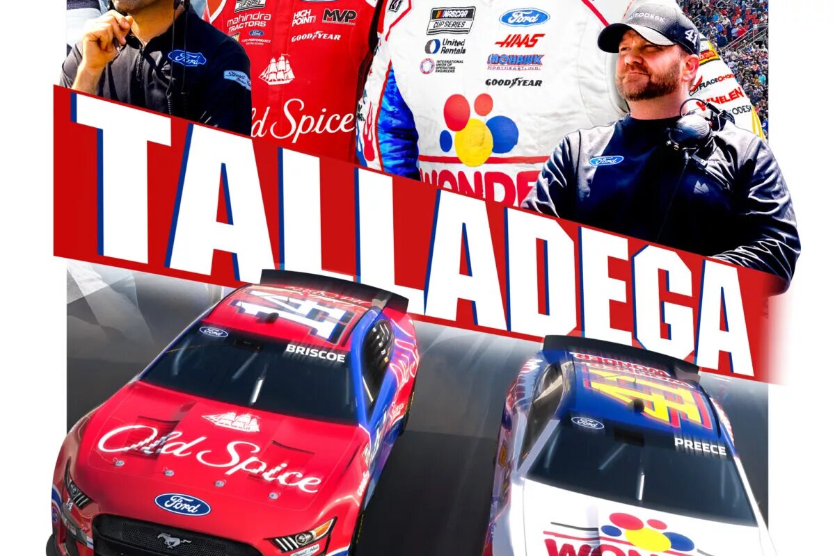 Chase Briscoe and Ryan Preece's Ford Mustang racecars tributing "Talladega Nights" for the coming race at Talladega, October 1st.