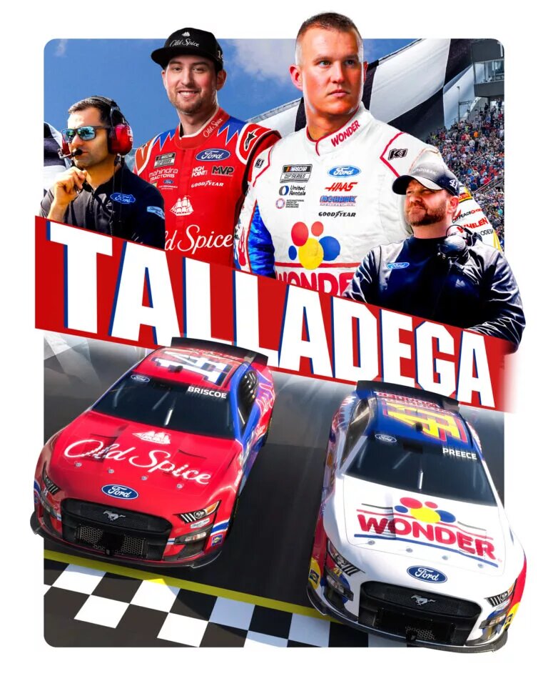Chase Briscoe and Ryan Preece's Ford Mustang racecars tributing "Talladega Nights" for the coming race at Talladega, October 1st.