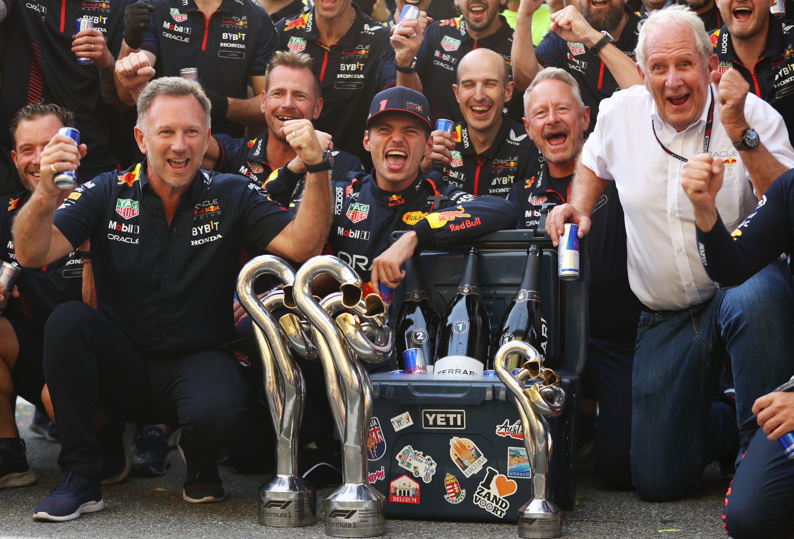 Max Verstappen of Red Bull celebrating his historic victory at Monza with Red Bull.