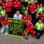 Carlos Sainz celebrating his win with Ferrari, 2023 Singapore Grand Prix.