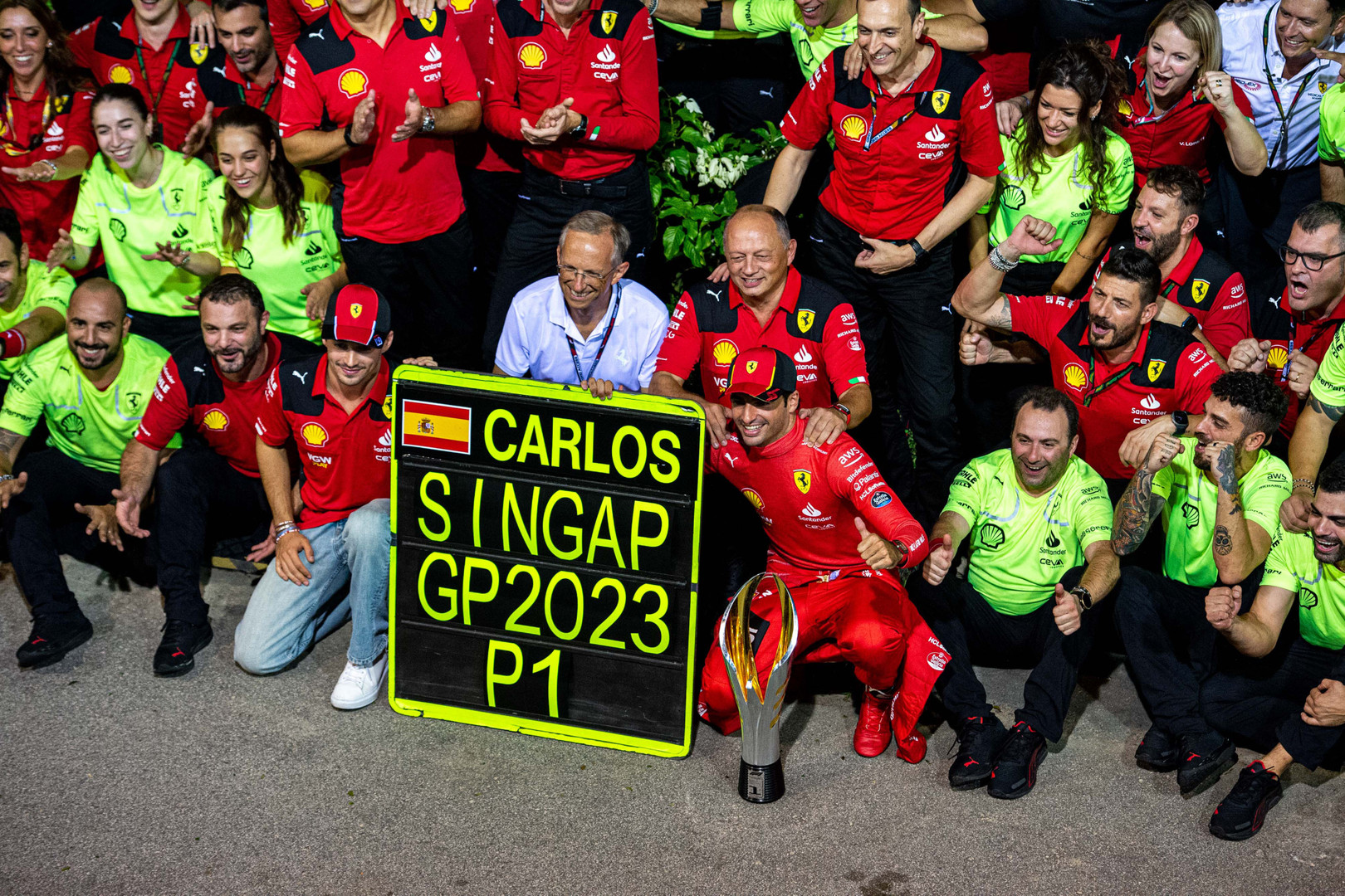 Carlos Sainz celebrating his win with Ferrari, 2023 Singapore Grand Prix.