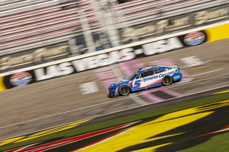 Kyle Larson, driver of the #5 HendrickCars.com Chevrolet, drives during practice for the NASCAR Cup Series South Point 400 at Las Vegas Motor Speedway on October 14, 2023 in Las Vegas, Nevada.