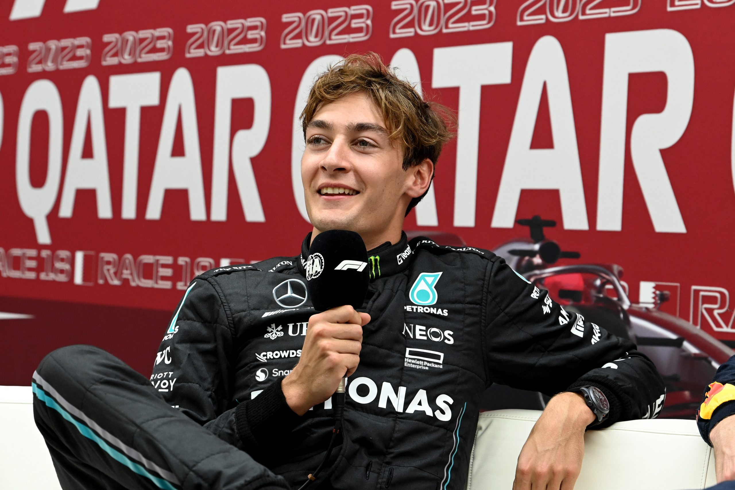George Russell talking to the press at the Qatar Grand Prix, 2023