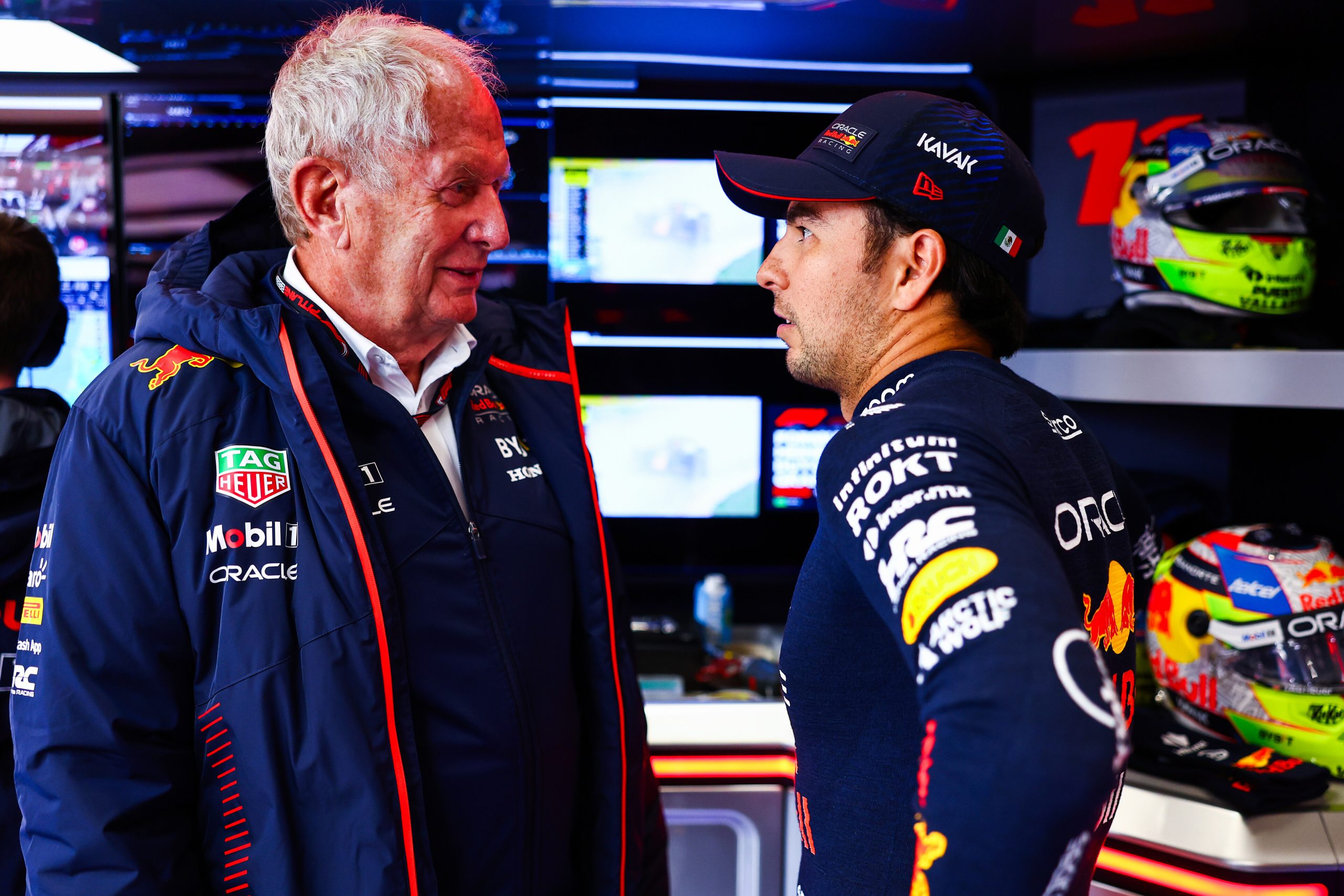 Sergio Perez of Red Bull Racing with Consultant Dr Helmut Marko, Dutch Grand Prix, 2023