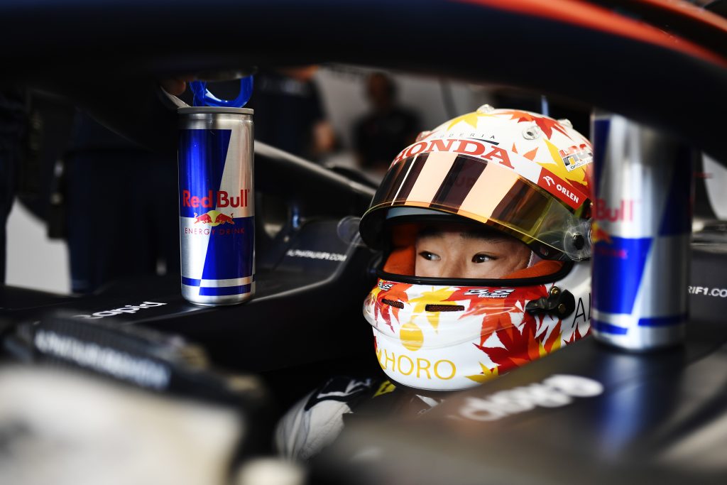 Yuki Tsunoda of Japan and Scuderia AlphaTauri prepares to drive in the garage during practice ahead of the F1 Grand Prix of Qatar at Lusail International Circuit.