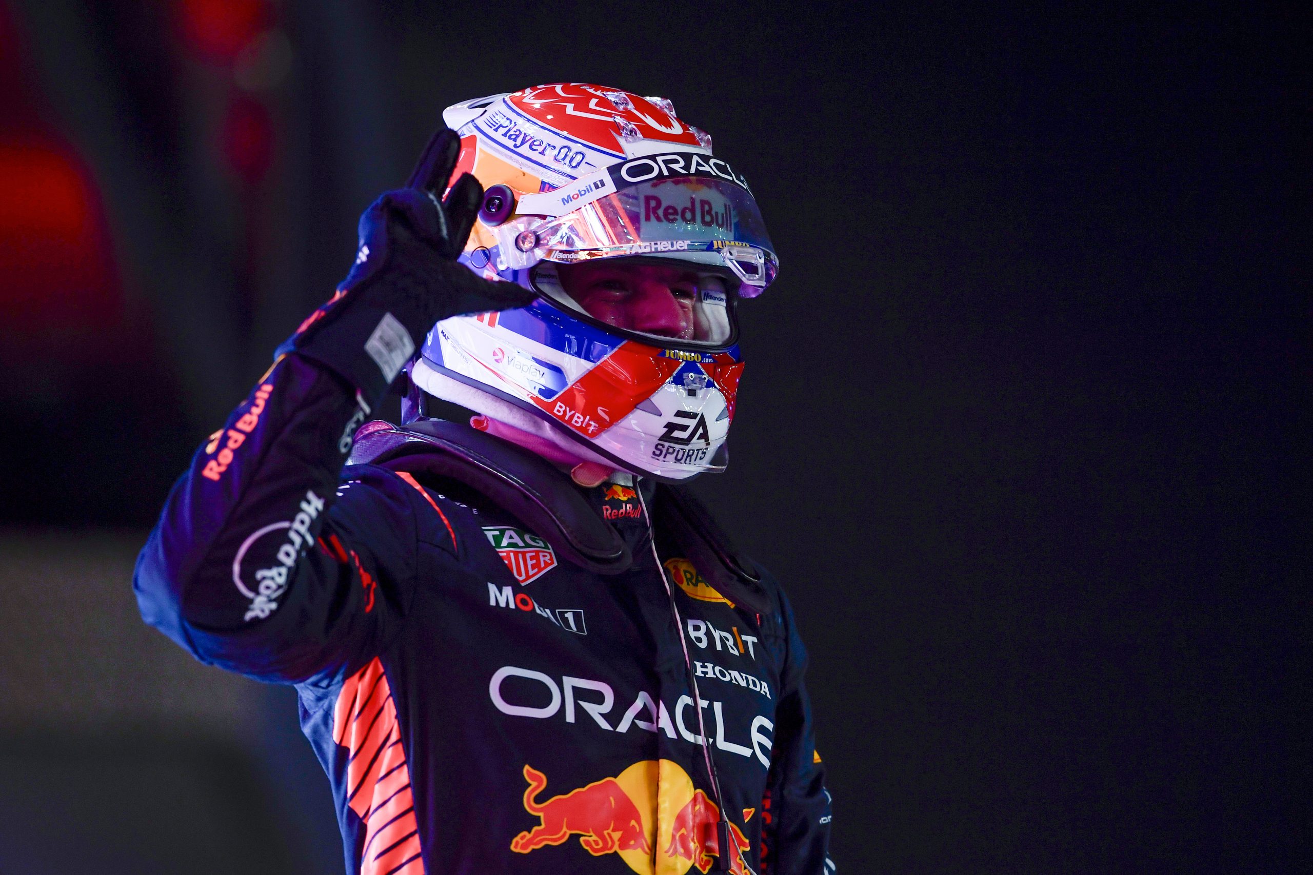 World Drivers Champion Max Verstappen of Red Bull Racing celebrates in parc fermé at the Qatar Grand Prix, 2023