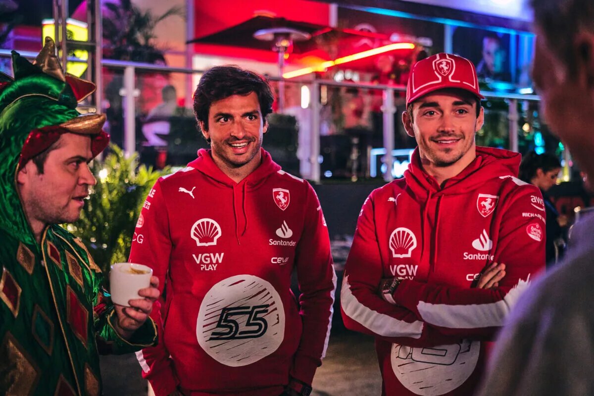 Carlos Sainz (middle) and Charles Leclerc (right) of Ferrari at the Las Vegas Grand Prix, 2023