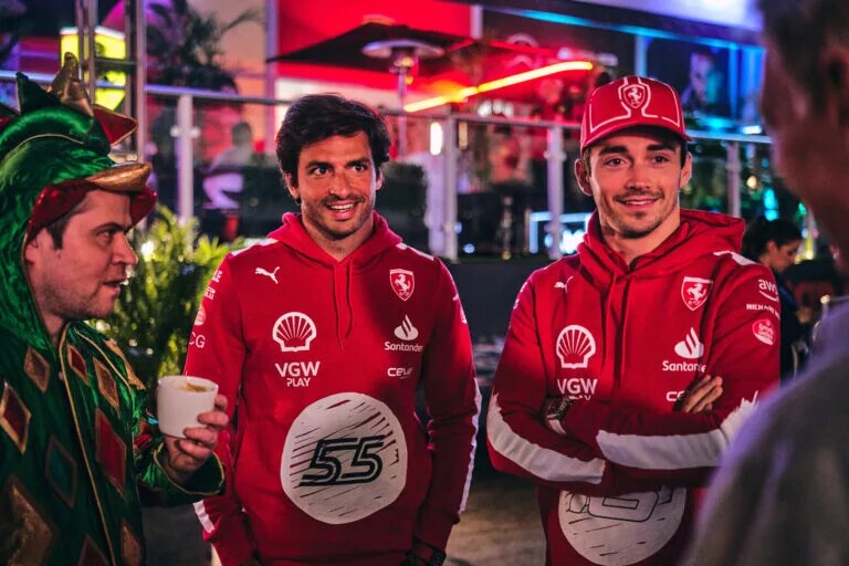 Carlos Sainz (middle) and Charles Leclerc (right) of Ferrari at the Las Vegas Grand Prix, 2023