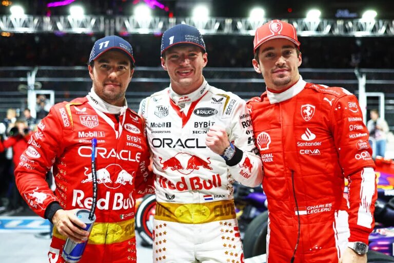Race winner Max Verstappen of Red Bull Racing, Second placed Charles Leclerc of Ferrari and Third placed Sergio Perez Red Bull Racing pose for a photo in parc fermé during the F1 Grand Prix of Las Vegas, 2023