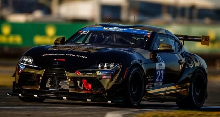 The #23 Smooge Racing Toyota GR Supra at Daytona International Speedway's infield road course during the ROAR before the 24.