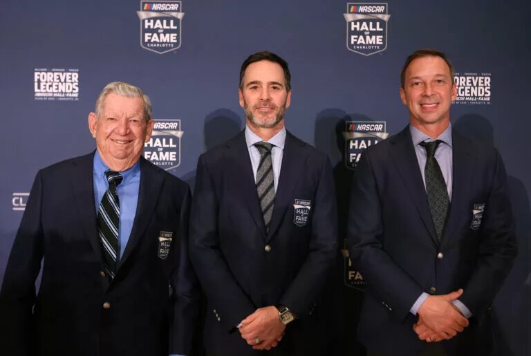 NASCAR Hall of Fame inductees Donnie Allison, Jimmie Johnson and Chad Knaus pose for photos during the NHOF Class of 2024 Blue Jacket Ceremony at NASCAR Hall of Fame on January 18, 2024 in Charlotte, North Carolina. (Photo by David Jensen/Getty Images)