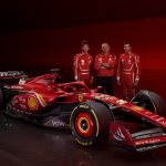 Charles Leclerc, Fred Vasseur & Carlos Sainz standing next to the new Ferrari