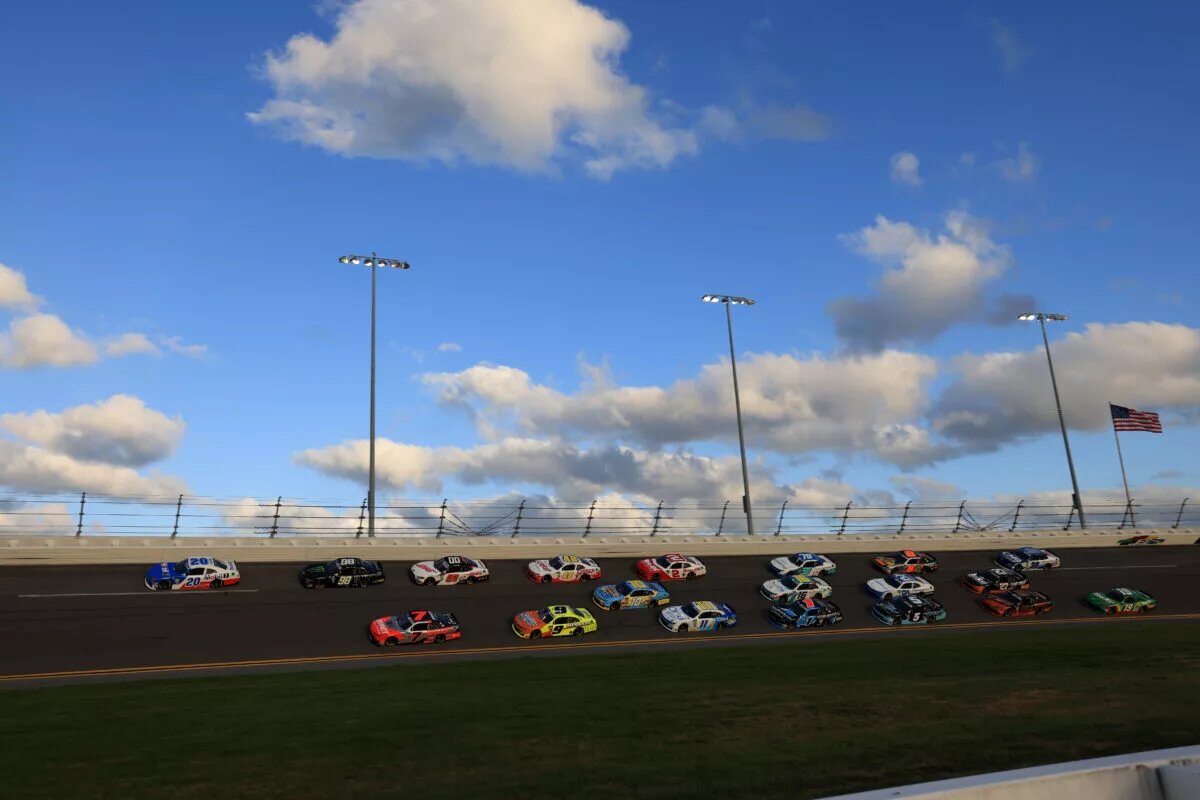 John Hunter Nemechek, driver of the #20 Mobil 1 Toyota, Justin Allgaier, driver of the #7 BRANDT Chevrolet, Riley Herbst, driver of the #98 Monster Energy Ford, and Brandon Jones, driver of the #9 Menards/Swiffer Chevrolet, race during the NASCAR Xfinity Series Beef. It's What's For Dinner. 300 at Daytona International Speedway on February 18, 2023 in Daytona Beach, Florida.