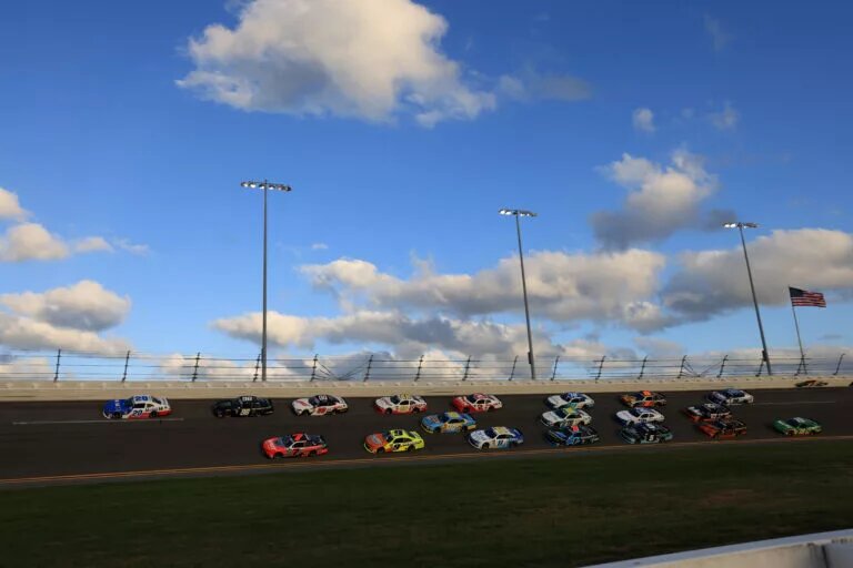 John Hunter Nemechek, driver of the #20 Mobil 1 Toyota, Justin Allgaier, driver of the #7 BRANDT Chevrolet, Riley Herbst, driver of the #98 Monster Energy Ford, and Brandon Jones, driver of the #9 Menards/Swiffer Chevrolet, race during the NASCAR Xfinity Series Beef. It's What's For Dinner. 300 at Daytona International Speedway on February 18, 2023 in Daytona Beach, Florida.