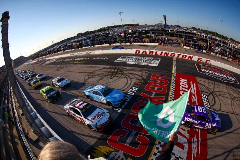 Christopher Bell, driver of the #20 Yahoo! Toyota, leads the field to the green flag to start the NASCAR Cup Series Cook Out Southern 500 at Darlington Raceway on September 03, 2023 in Darlington, South Carolina.