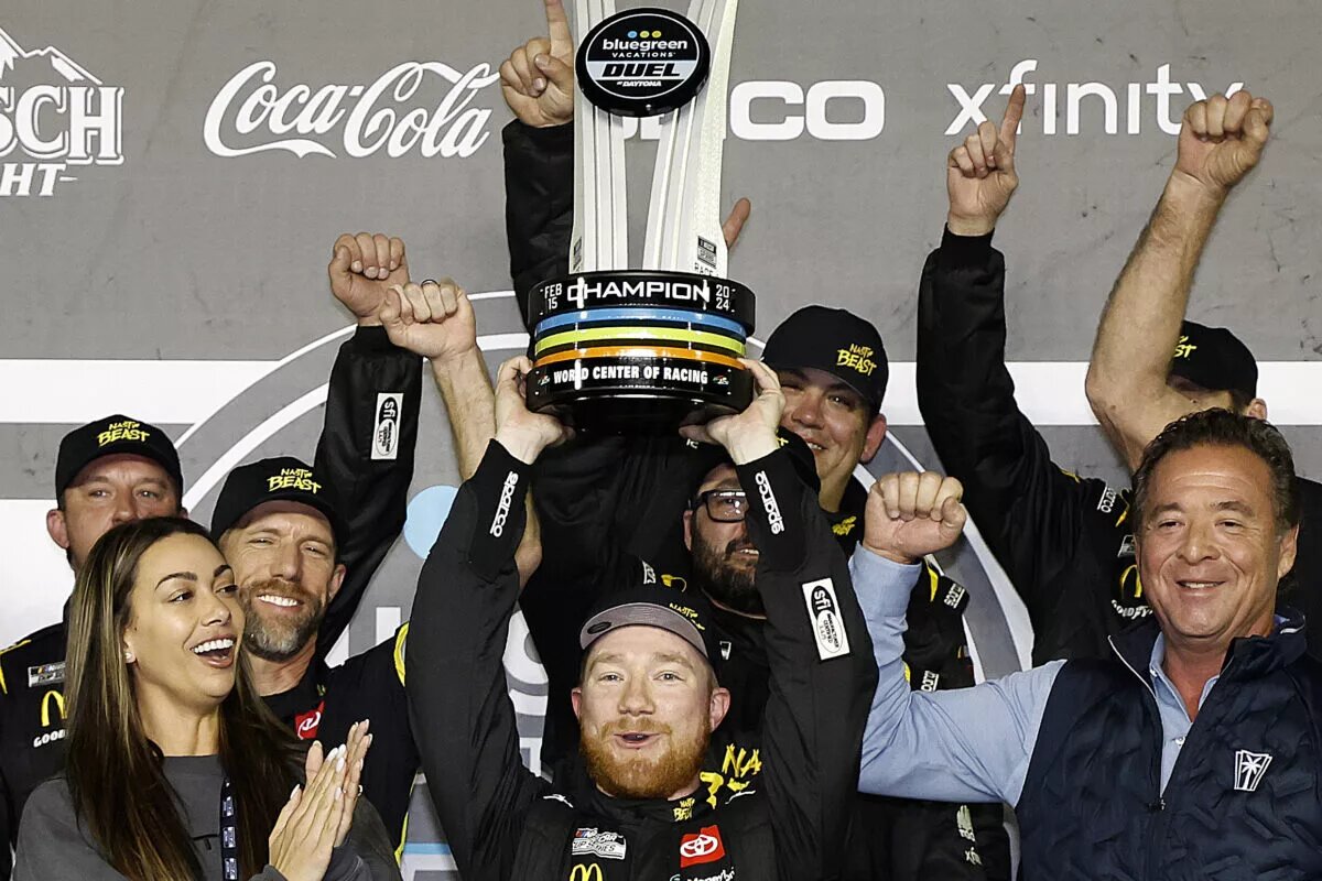 Tyler Reddick, driver of the #45 Nasty Beast Toyota, celebrates in victory lane after winning the NASCAR Cup Series Bluegreen Vacations Duel #1 at Daytona International Speedway on February 15, 2024 in Daytona Beach, Florida.