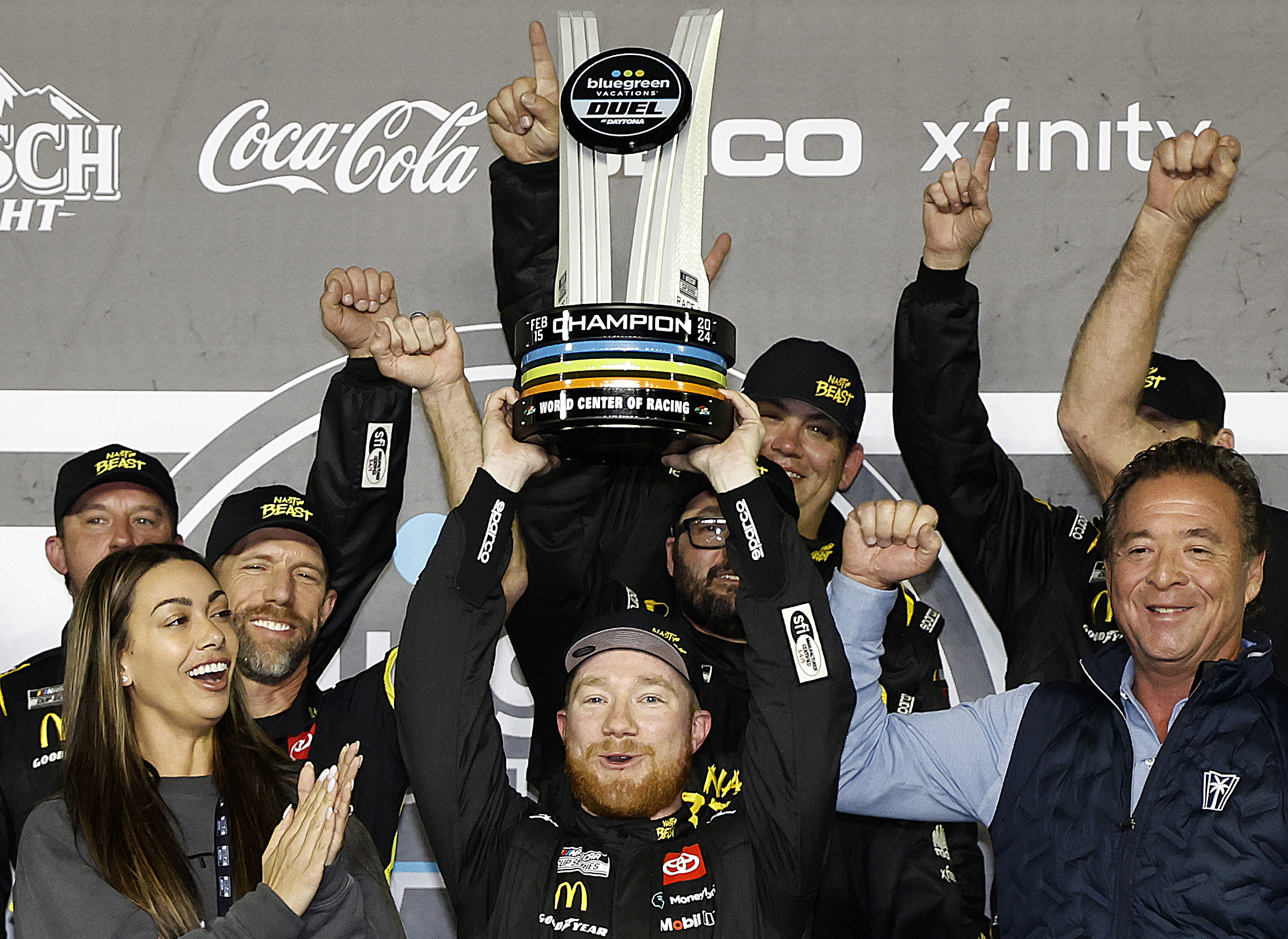 Tyler Reddick, driver of the #45 Nasty Beast Toyota, celebrates in victory lane after winning the NASCAR Cup Series Bluegreen Vacations Duel #1 at Daytona International Speedway on February 15, 2024 in Daytona Beach, Florida.