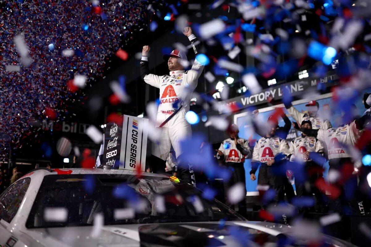 William Byron, driver of the #24 Axalta Chevrolet, celebrates in victory lane after winning the NASCAR Cup Series Daytona 500 at Daytona International Speedway on February 19, 2024 in Daytona Beach, Florida.